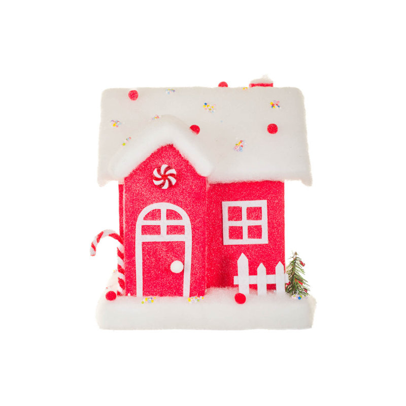 Maison de bonbon en tissu rouge scintillant avec gouttes de gomme