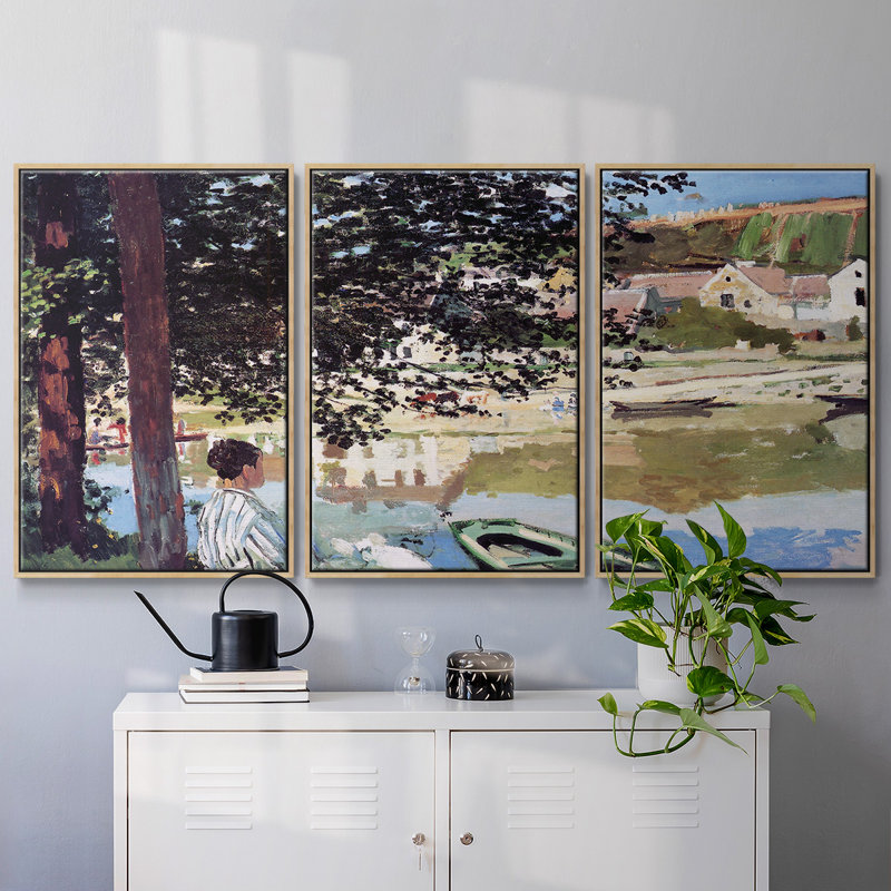 Monet - 3 pièces, reproduction encadrée sur toile, H 40 po x l 78 po x P 2 po, Naturel