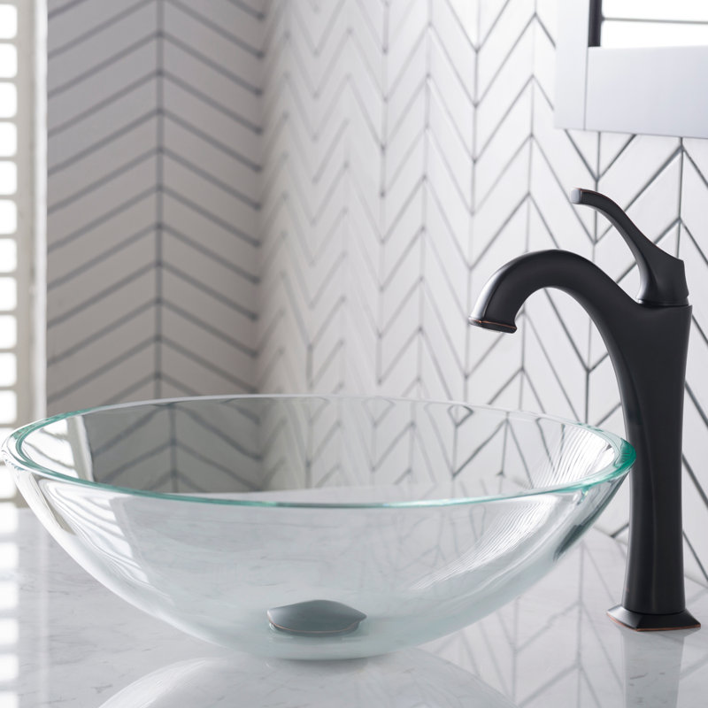 Glass Circular Vessel Bathroom Sink with Faucet, Oil Rubbed Bronze