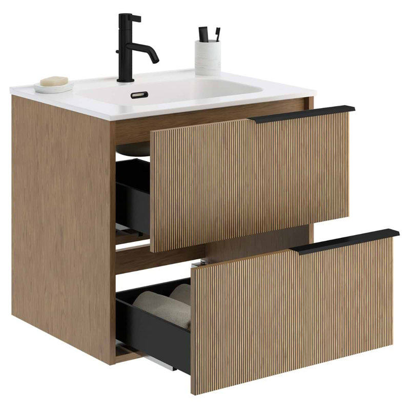 Kora Art Faux Fluted 24" Single Vanity with Integrated Ceramic Top & Handles, Black