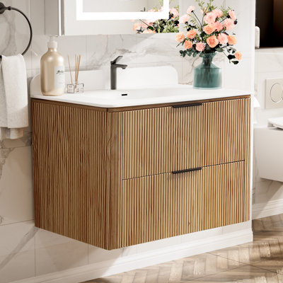 30 in. Wall-Mounted Bathroom Vanity in Oak Finish with Solid Wood Cabinet and One-Piece Acrylic Countertop