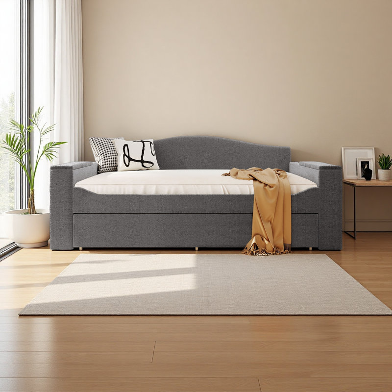 Full Size Upholstered Daybed With Storage Armrests, Trundle And Latest Integrated Bluetooth Audio System, Teddy Fleece, Gray