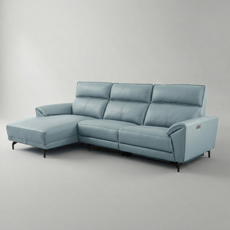 Houston Oversized Power Sectional With Chaise, Left Hand Facing, Blue Top Grain Leather