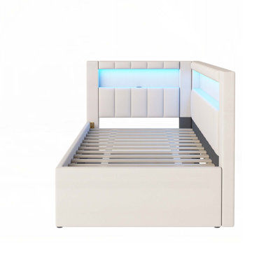 Upholstered Platform Bed with USB Ports and LED Belt, With Trundle