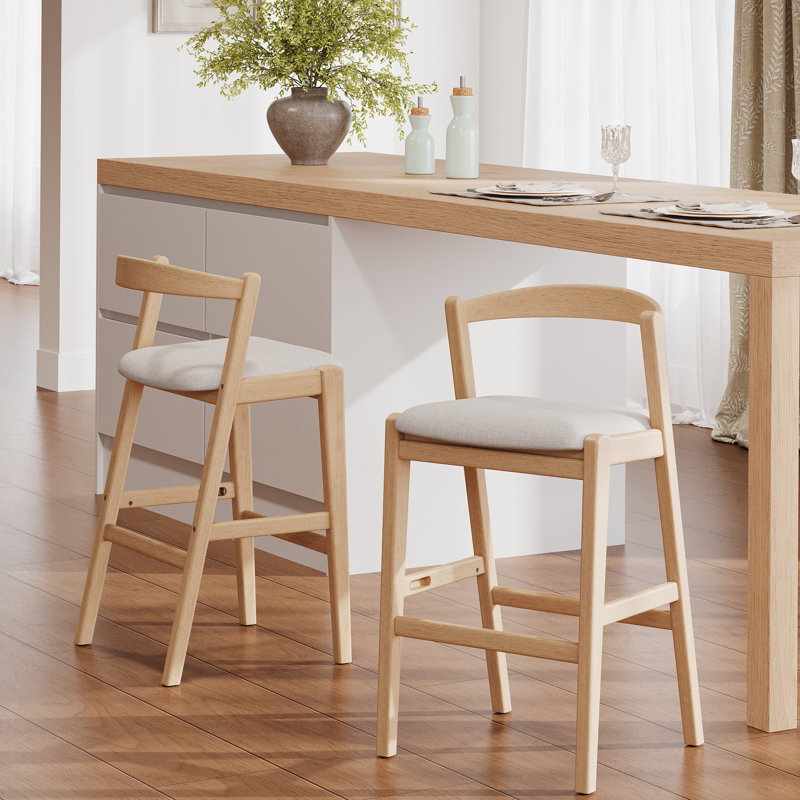 Tabouret de bar d'intérieur en bois d'hévéa, finition naturelle et revêtement beige, ensemble de 2