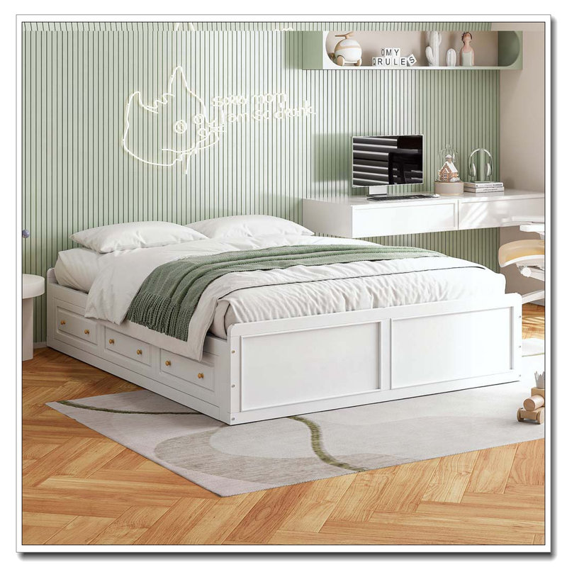 Structure de lit plateforme en bois avec 6 tiroirs, Blanc