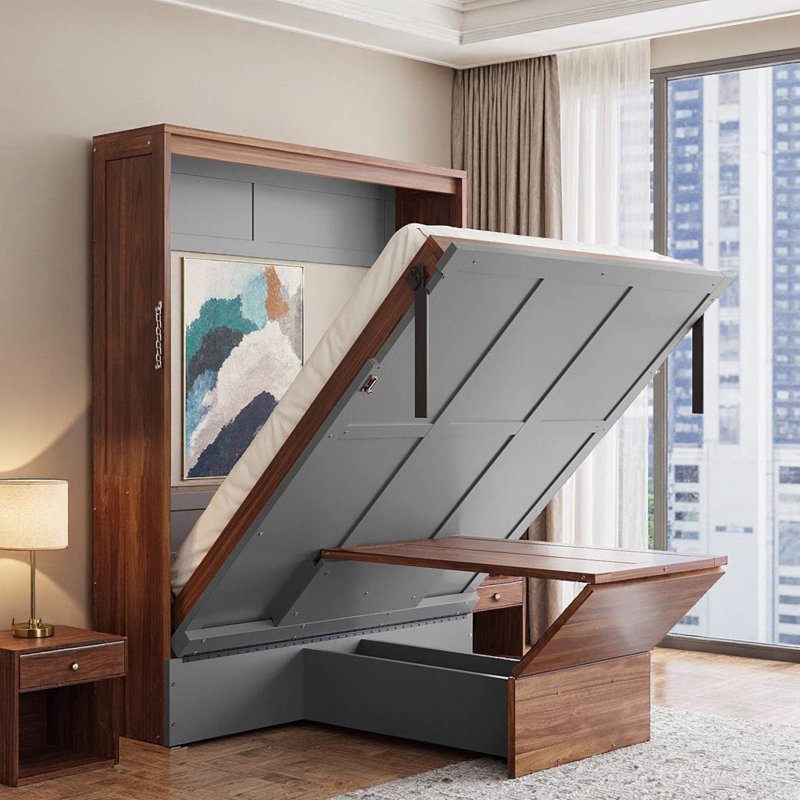 Lit escamotable double moderne avec bureau pliable moderne - Solution compacte en noyer et blanc, Noyer et gris