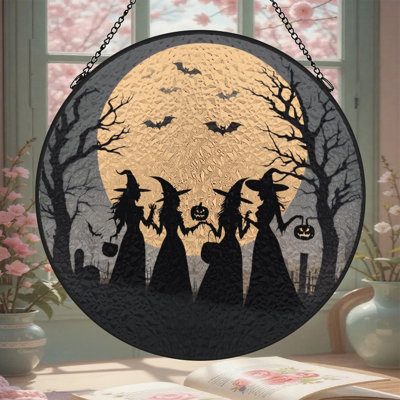 Panneaux de vitrail Witch Graveyard Art Suncatcher pour décor de fenêtre