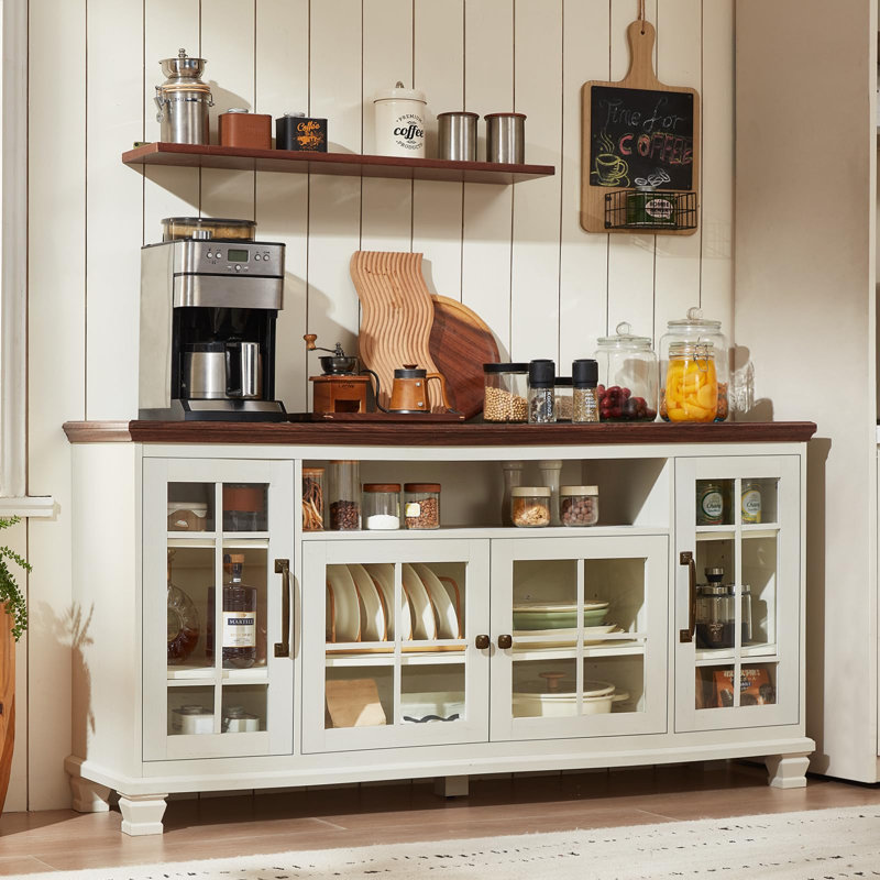 Large Sideboard Buffet Cabinet with Storage, Vintage White Farmhouse 60" Wide Credenza Accent Cabinets with Glass Doors & Wood Legs, Kitchen Coffee Bar Table for Dining Room, Living Room