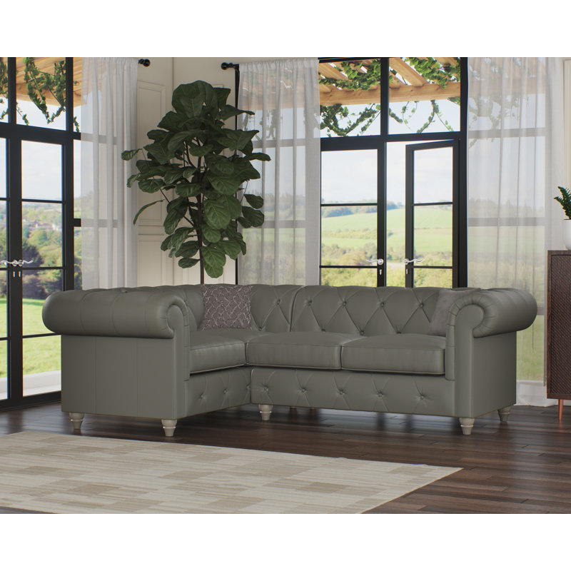 Melrose 3 Seater Leather Corner Sofa , Washed Oak, Stone Grey, Left Hand Facing