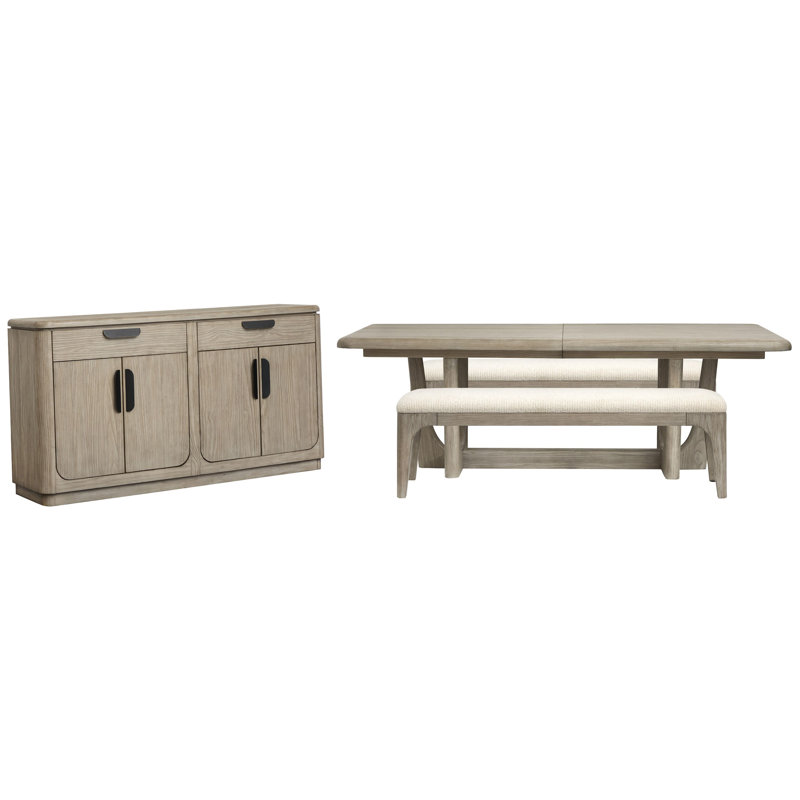 Extendable Rectangular Dining Table With 2 Benches And Server, 4 Pieces: Table, 2 Benches, Server
