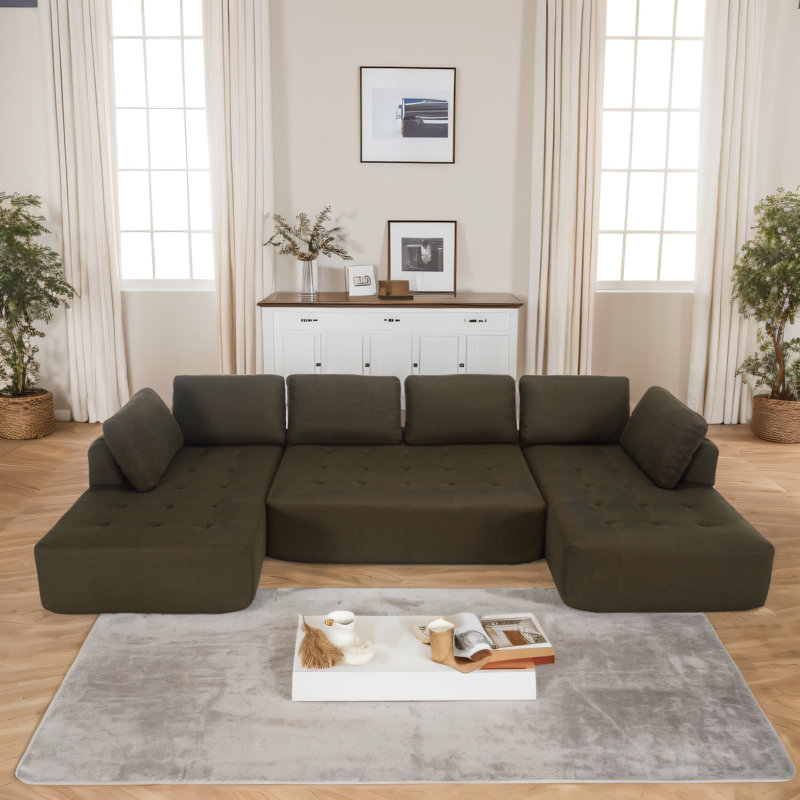 Boneless Oversized 138.5" Modular U-shaped Convertible Sofa, Green Polyester