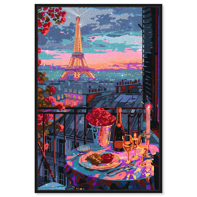«A Lovely Paris Dinner», art mural rose par Dakota Fields, Cadre noir, H 16 po x l 11 po