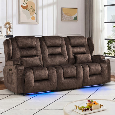 3 Seat Wall Hugger Power Reclining Sofa With Drop Down Console, LED Lights, USB Charging, Cup Holders For Living Room