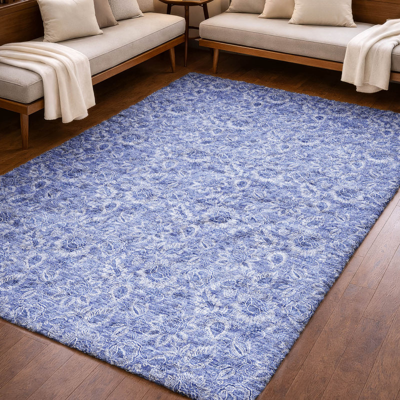 Tapis floral à poil long de qualité supérieure lavable à la machine ADS662, Denim, 3 pi x 5 pi