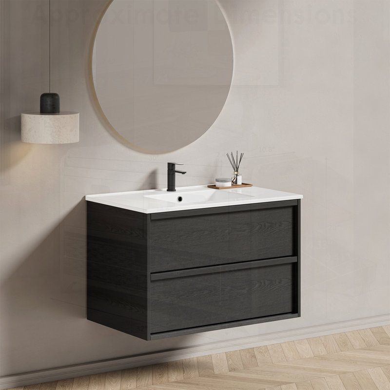 Meuble-lavabo de salle de bain avec lavabo en céramique - Conception cannelée flottante murale grise, solution de rangement moderne
