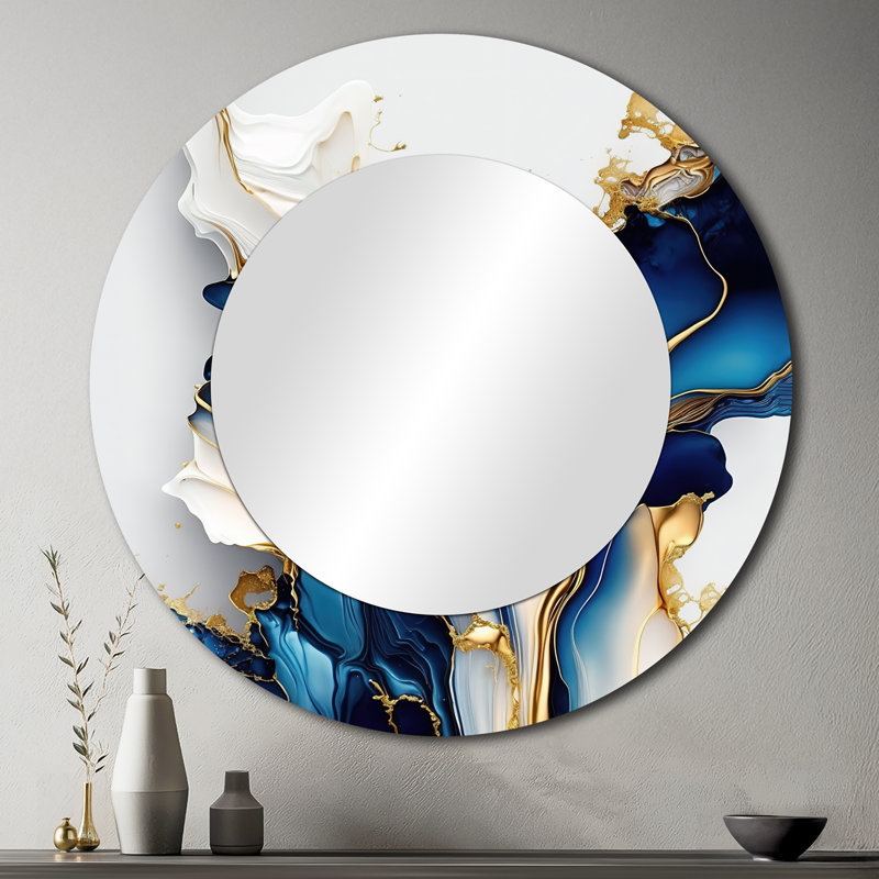 «Storz Abstract Geode Gold and Blue Marble Shape III» - miroir en marbre, miroir mural rond bleu, impression sur métal