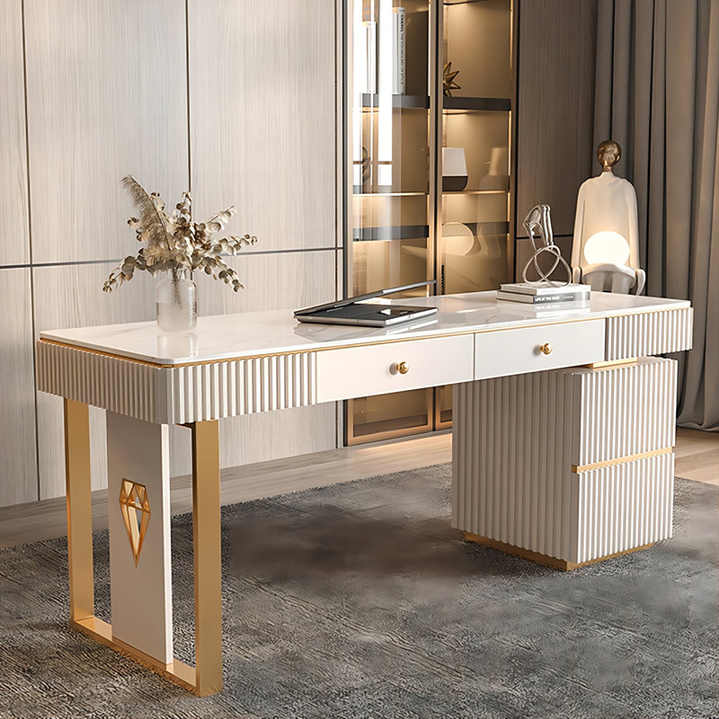 Bureau de luxe luxueux en pierre frittée haut de gamme, 4 tiroirs, H 29,53 po x l 62,99 po x P 27,56 po