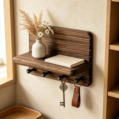Porte-clés de petite maison de campagne pour mur avec 4 crochets et tablette flottante, porte-clés en bois de 7 pouces pour le vestibule, organisateur de décoration intérieure pour clés, courrier et accessoires