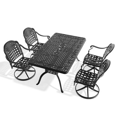 5 All-weather Cast Aluminum Dining , 4 Swivel Chairs & Rectangular Table, Black, High-temperature , Absorbent Outdoor Rotating Weather Back Cushions