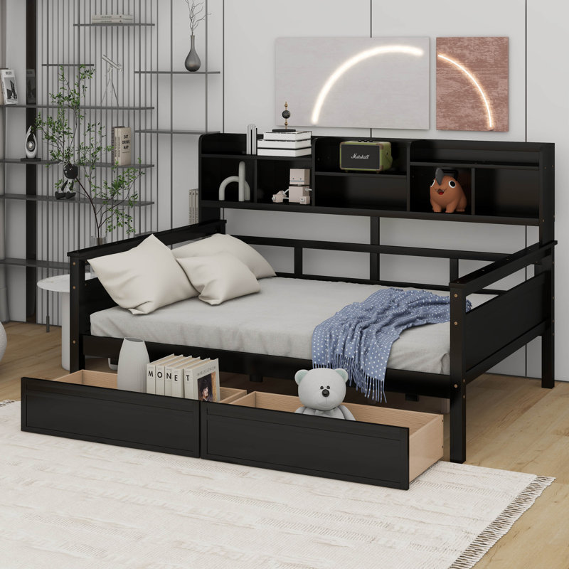 Daybed, Wood Slat Support, with Bedside Shelf and Two Drawers, Espresso, Full / Double