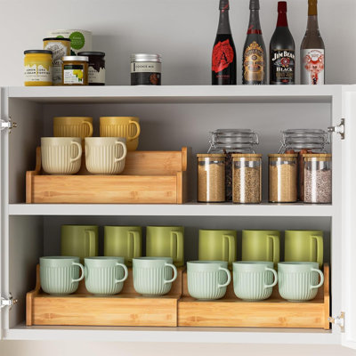 Expandable 2-Tier Mug Organizer Rack for Kitchen, Bamboo, Black