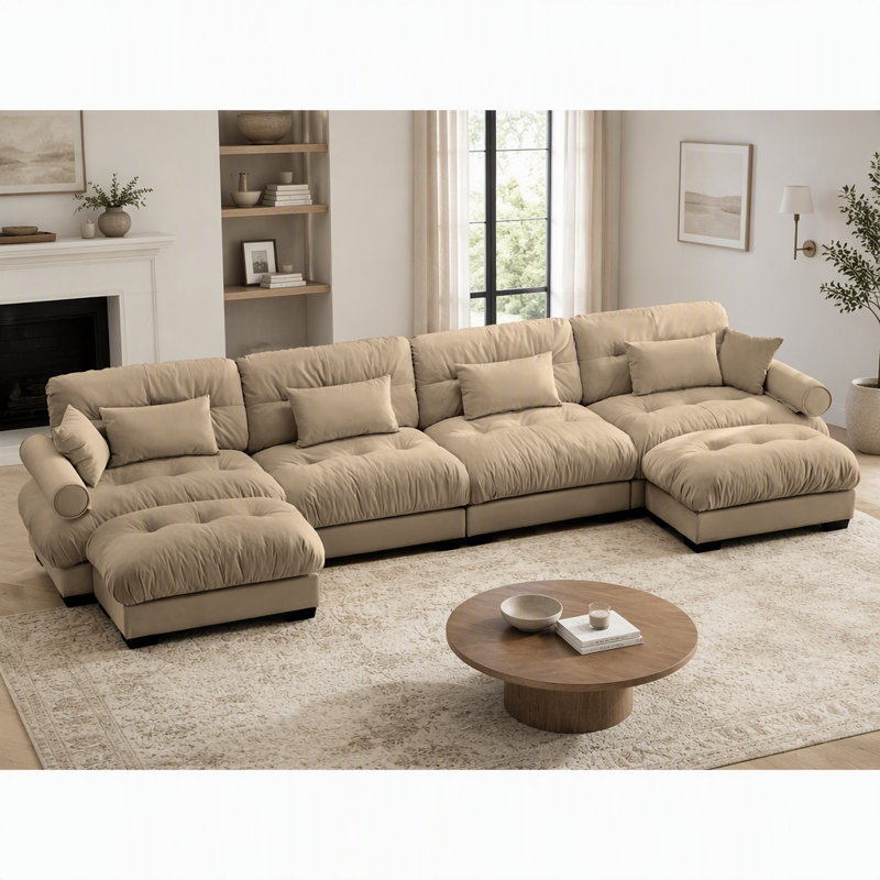 Canapé d'angle en forme de U Cloud Couch avec poufs amovibles, convertible 4 places, profond, moderne, en velours confortable, avec accoudoirs rembourrés, coussin lombaire et coussins décoratifs, couleur camel