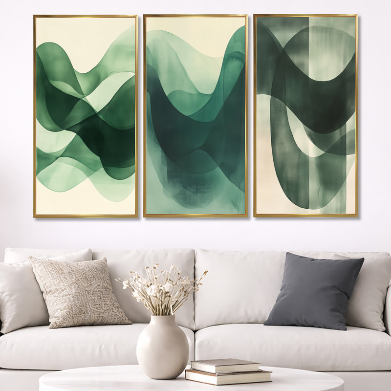 «Green and Beige Minimal Curves - Abstract Shapes», ensemble d'art mural sur 3, H 32 po x l 48 po, Cadre flottant doré