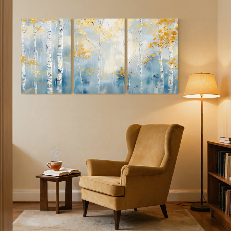 «Landscape & Nature Birch Trees Autumn Leaves Blue Sky», ensemble de 3 impressions sur toile, H 18 po x l 36 po