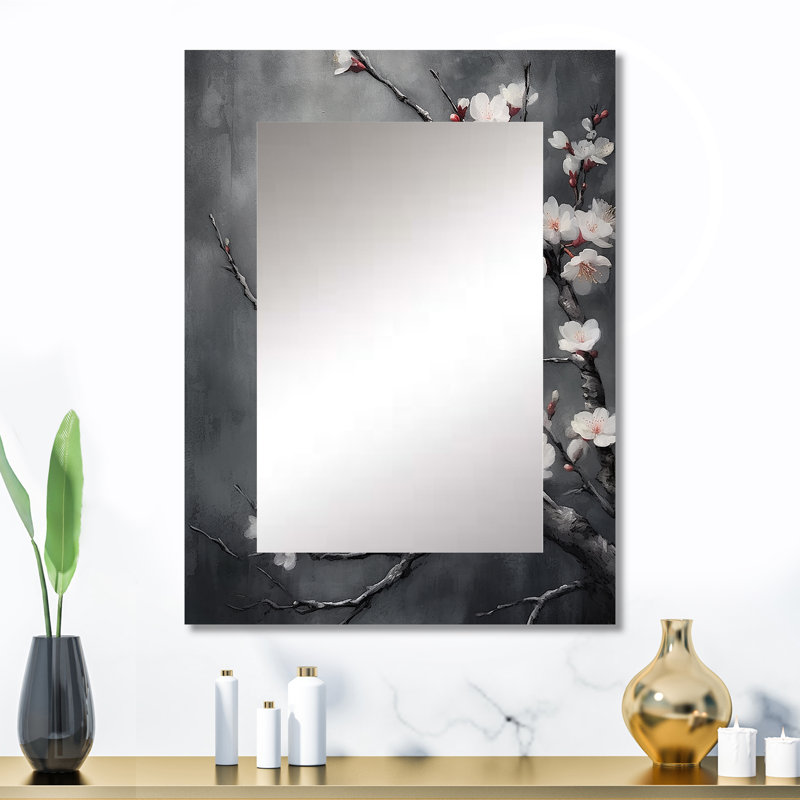 Cerisier en fleurs blanc sur 20 nuances de gris - miroir mural décoratif cerise, grand miroir traditionnel, art imprimé en métal