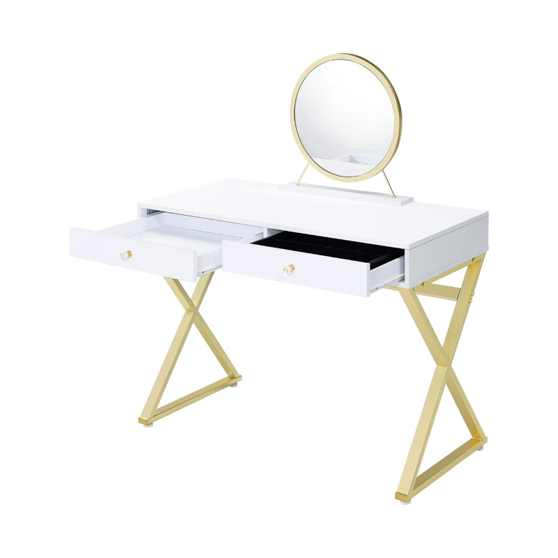 White And Gold Vanity Desk With Removable Mirror Jewelry Tray, Metal Frame, 2 Drawers For Storing Cosmetics Essentials
