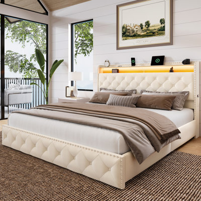 Upholstered Platform Bed with 4 Storage Drawers, Velvet King Size Bed with Storage Shelf Headboard&Charging Station&Led Lights, Beige