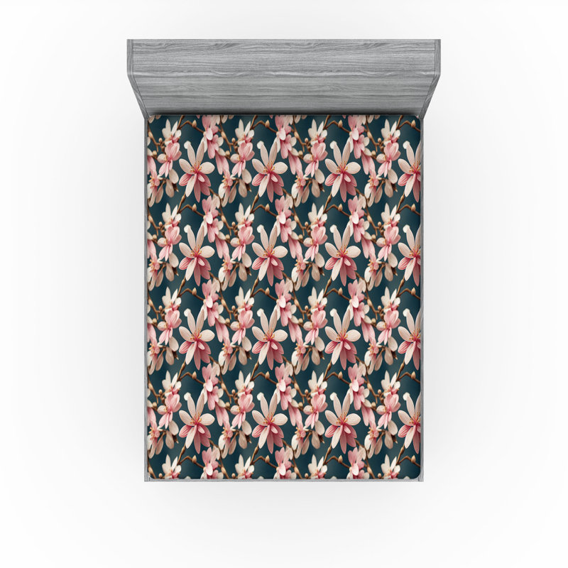 Drap-housse Ambesonne Spring, fleurs de cerisier, bleu pétrole et rose pâle, Drap-housse très grand californien