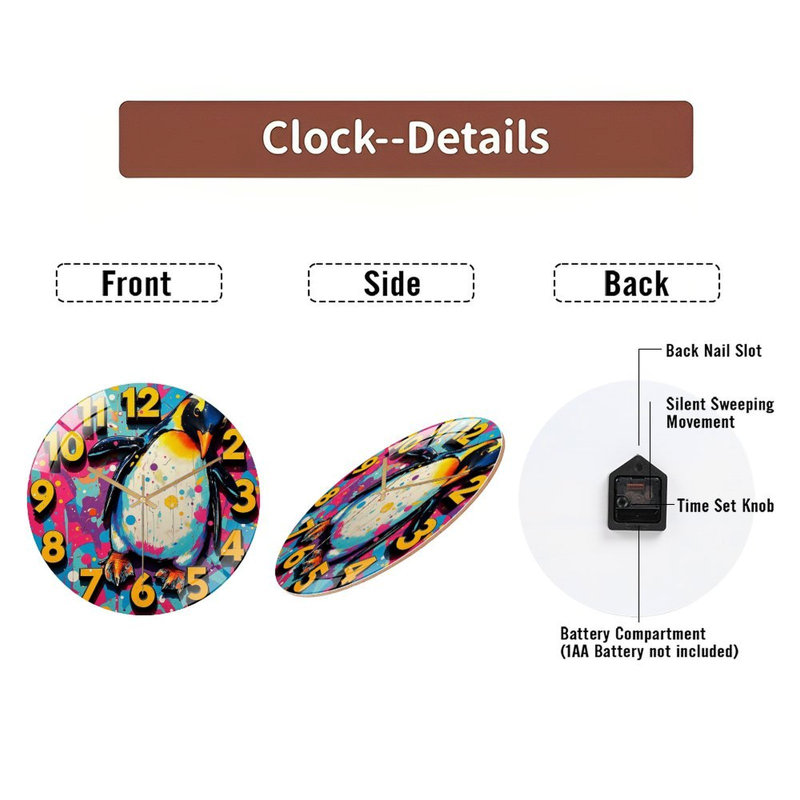 Horloge murale colorée pingouin coloré avec art unique - horloge murale 12 po