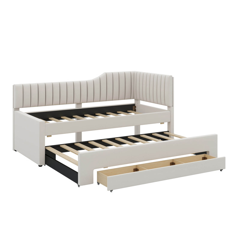 Upholstered Daybed With Trundle And Drawers, Beige, Twin