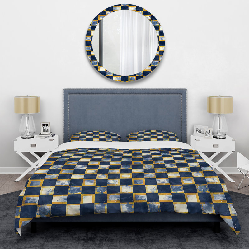 Ensemble de housse de couette moderne à imprimé vichy bleu et jaune IV, Housse de couette pour grand lit et 2 taies décor