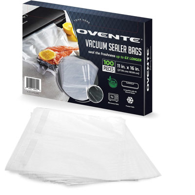 OVENTE Precut Vacuum Sealer Bags, 100 pcs 11” x 16” Heavy Duty Food Saver, BPA-Free for Airtight Storage, Meal Prep, Sous Vide, Microwave and Freezer Safe, Works with all Sealer Machine ACPSVPG100
