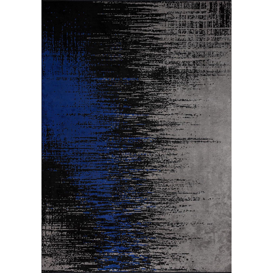 Blue Abstract Area Rug, Hand Loom using Cotton,Polyester,Acrylic,Viscose with Black, Grey and Modern design