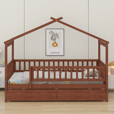 Wooden House Bed With Two Drawers