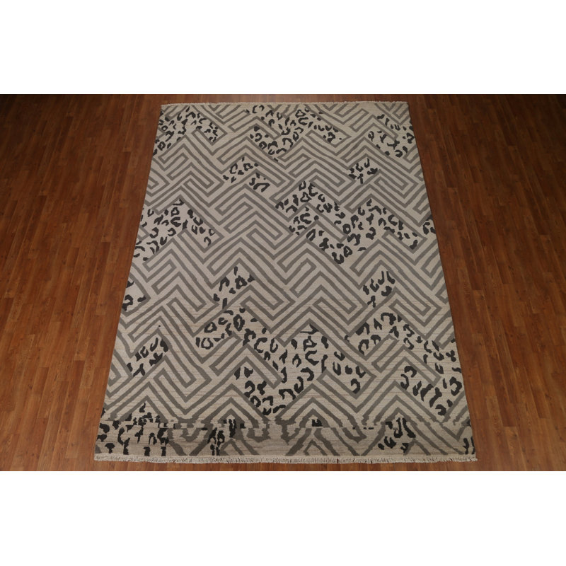 Tapis beige / ivoire en laine noué à la main de conception unique 8 pi x 10 pi 8 po New Age