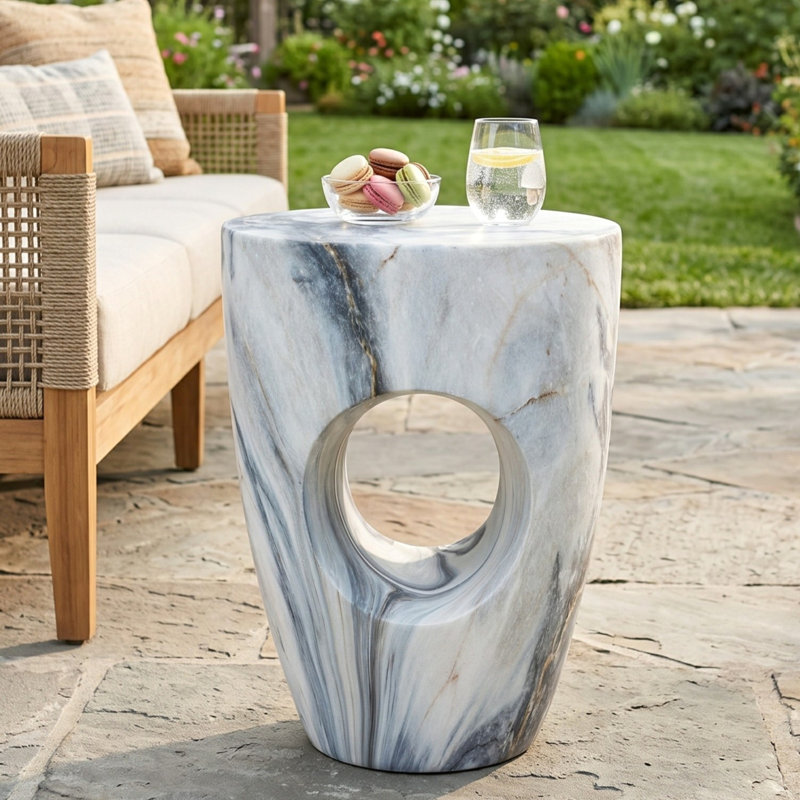 Tables d'appoint modernes en faux marbre, table d'appoint ronde de 38 cm (14,96 pouces) en oxyde de magnésium (MgO) pour terrasse.