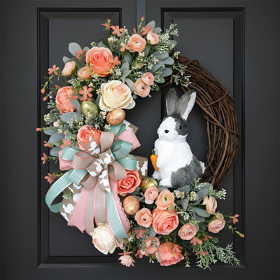 15.7 Inch Easter Wreath for Front Door Decoration Easter Egg Bunny Flower Garland for Front Door Art Decor Spring Door Wall Window Decoration Supplies