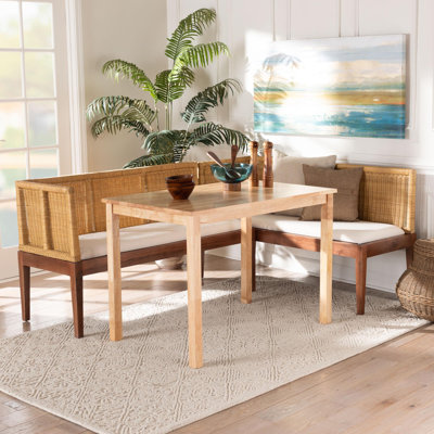 Bearnard Bali & Pari Tabanan Modern Bohemian Natural Brown Rattan And Brown Acacia Wood 3-Piece Dining Nook Set by Bay Isle Home