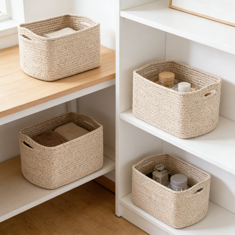 Cotton Rope Storage Baskets, 4-Pack Rectangular Organizer Bins For Shelves, Foldable Multi-Purpose Storage For Toys, Books, Clothes, And Home Organization