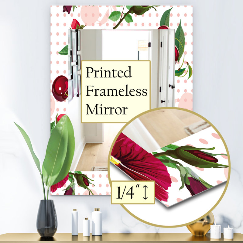 Pensées cerises et roses sur miroir mural à pointillés, H 24 po x l 32 po