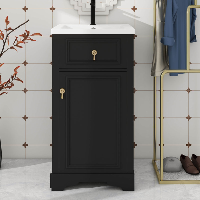 Meuble-lavabo de 20 pouces avec lavabo en céramique, porte à fermeture douce, tablettes réglables et rangement au-dessus de la porte pour les petites salles de bain