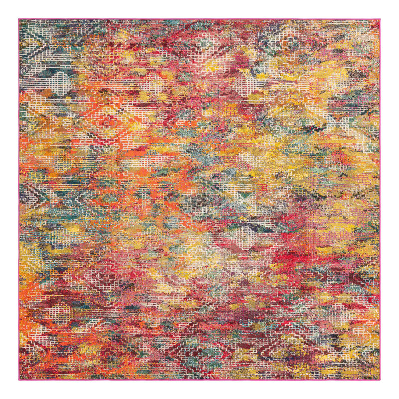 Tapis abstrait jaune / rouge / bleu, Carré 9 pi 10 po