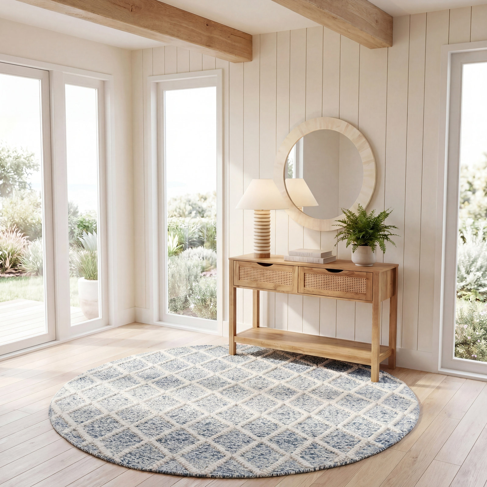 Russo Ivory Blue Hand-Woven Flatweave Rug, Round 6'