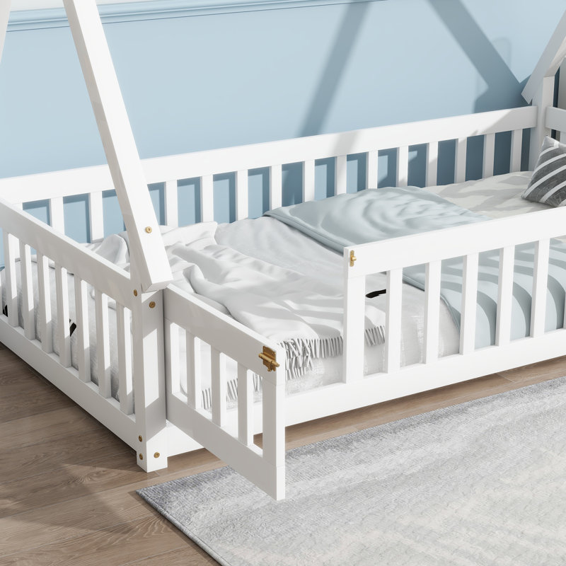 Twin Tent-Shaped Floor Bed, With Guardrails,Slats And Door,White, White