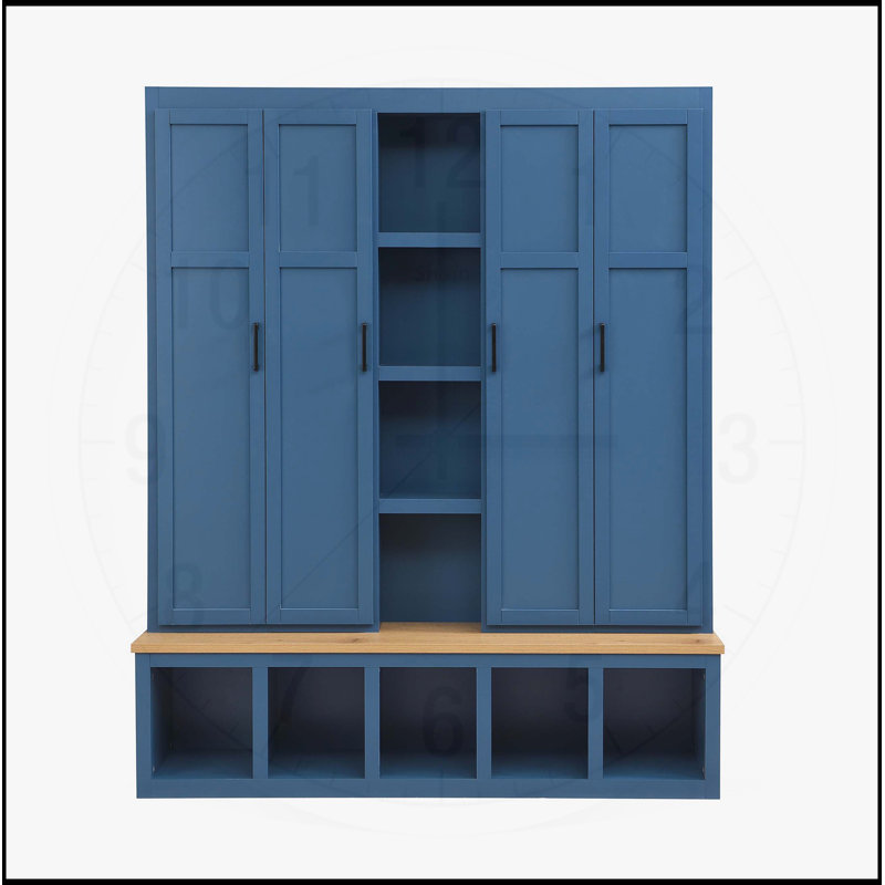 62.9W Farmhouse 4-in-1 Hall Tree with 6 Hooks, Mudroom Bench, and Open Compartments for Entryway Organization, Blue